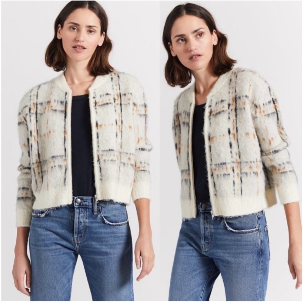 Current/Elliott Sweater The Bets Mohair Full Zip Cardigan Jacket Plaid Cream M